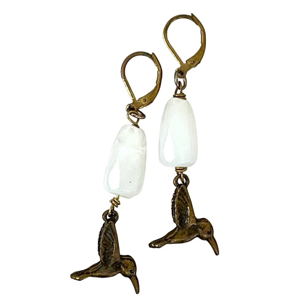Antique Brass Hummingbird Dangle Earrings with White Beads & Leverback Hooks EUC